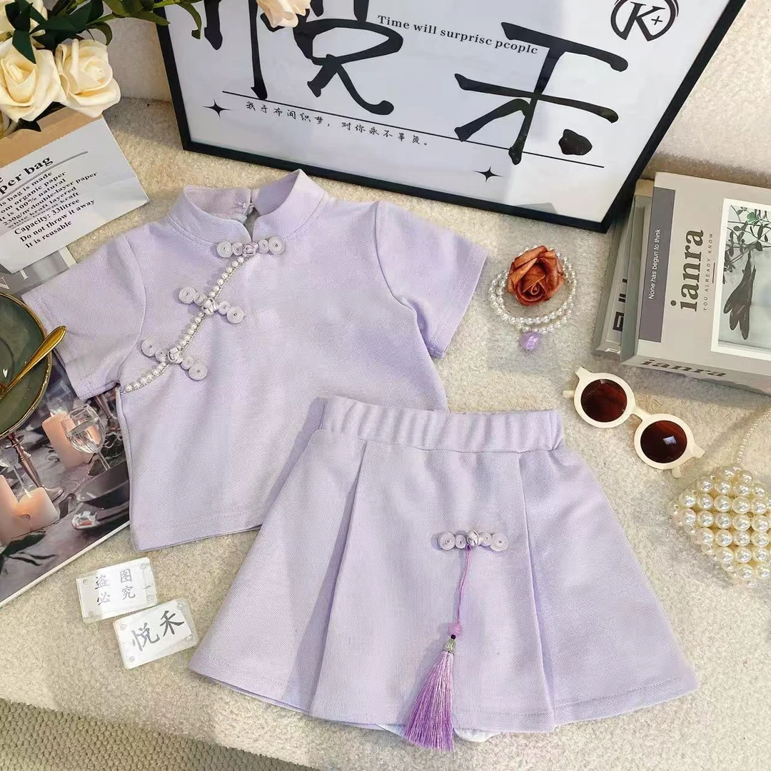 M夏季2025女童韩版休闲百搭新中式香芋紫短袖短裙两件套8624