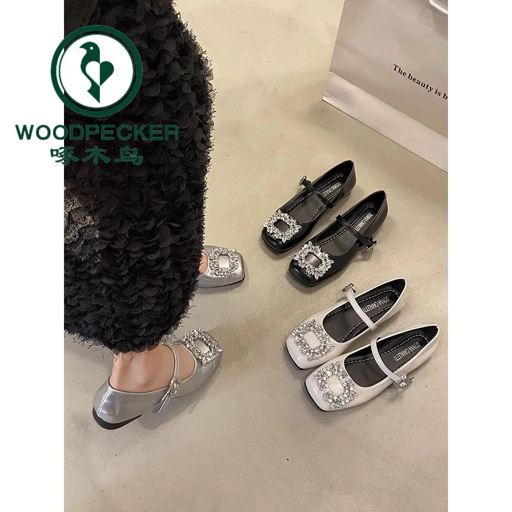啄木鸟法式黑色方头水钻玛丽珍鞋仙女2025新款春季配裙子气质单鞋