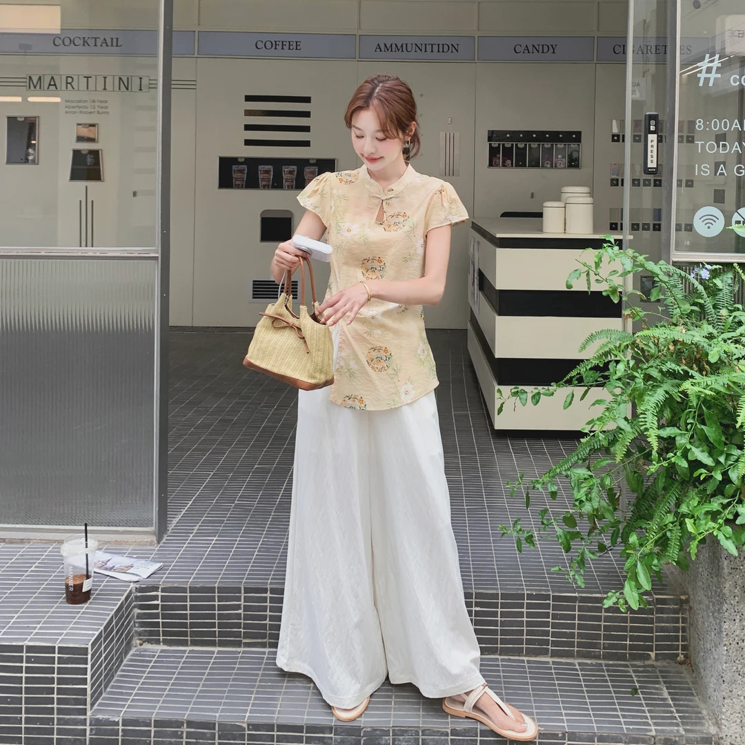 新中式国风气质套装裤女2025夏新设计感改良旗袍上衣阔腿裤两件套