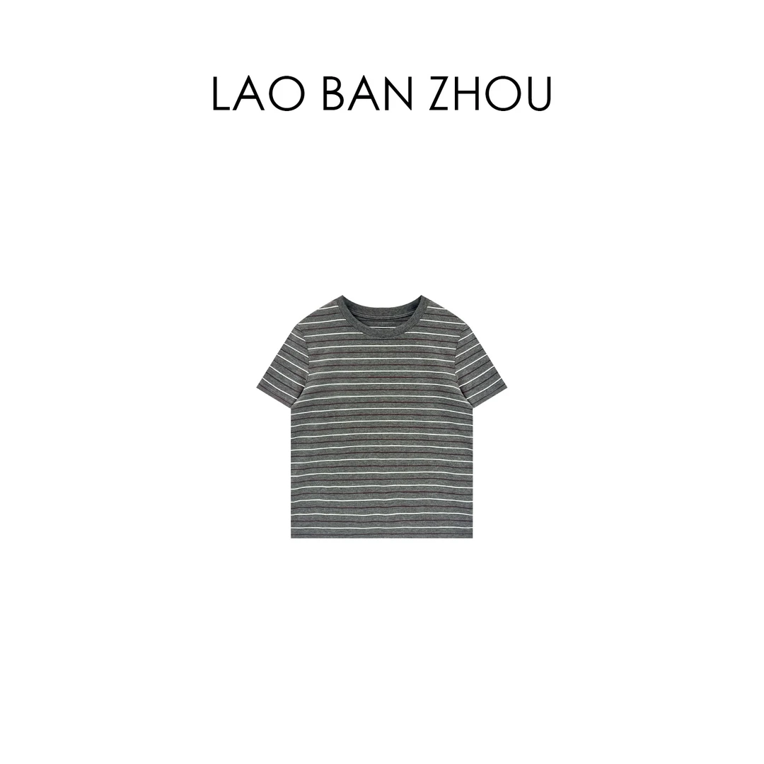 【老板周】休闲慵懒 夏季撞色条纹圆领慵懒风简约T恤