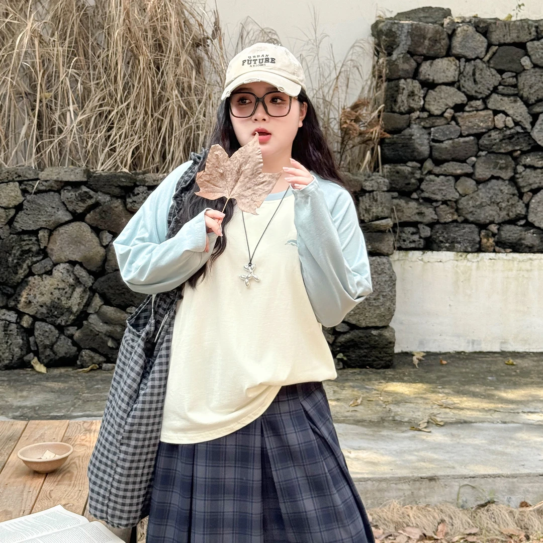 DC8190大码女装【秋日氛围感】插肩袖拼色小海豚印花长袖T恤打底衫