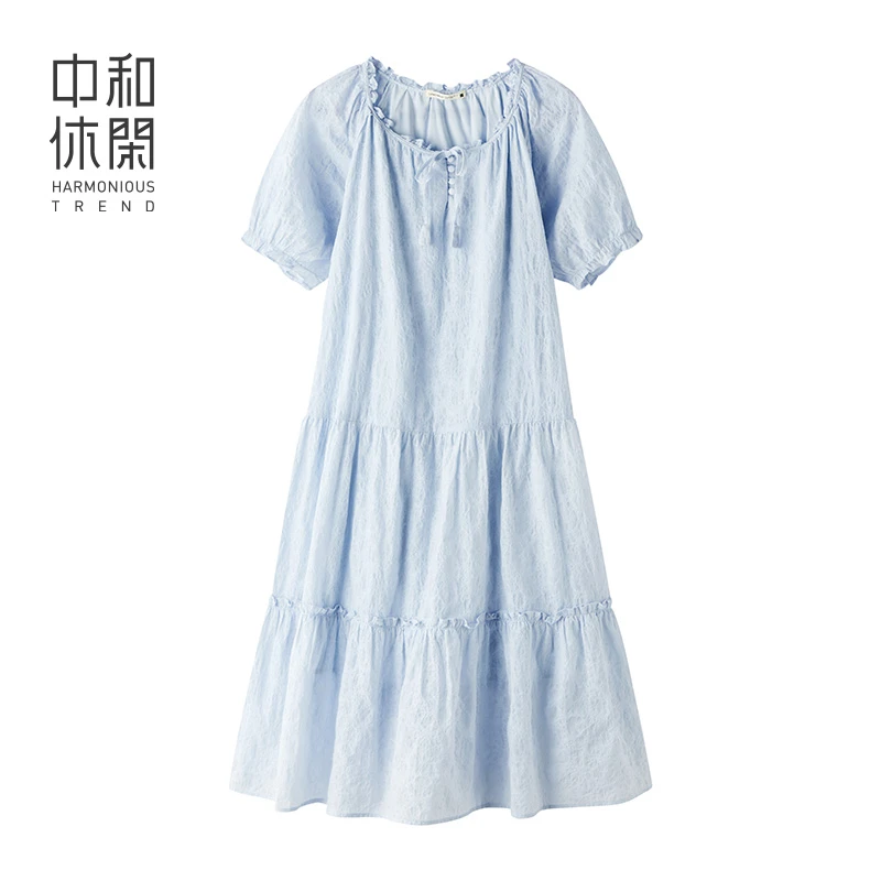 中和休闲法式度假蓝色木耳边泡泡袖连衣裙女夏季2025新款气质长裙