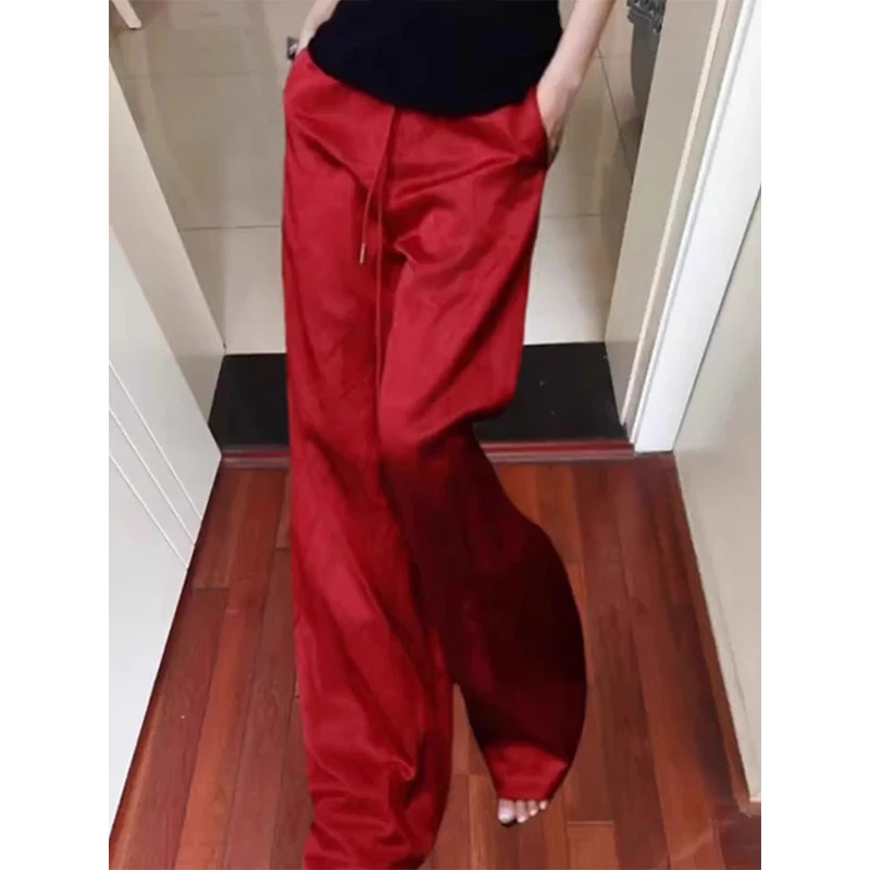 红色亚麻休闲裤女2025夏季薄款大码胖mm宽松显瘦时尚百搭阔腿裤子