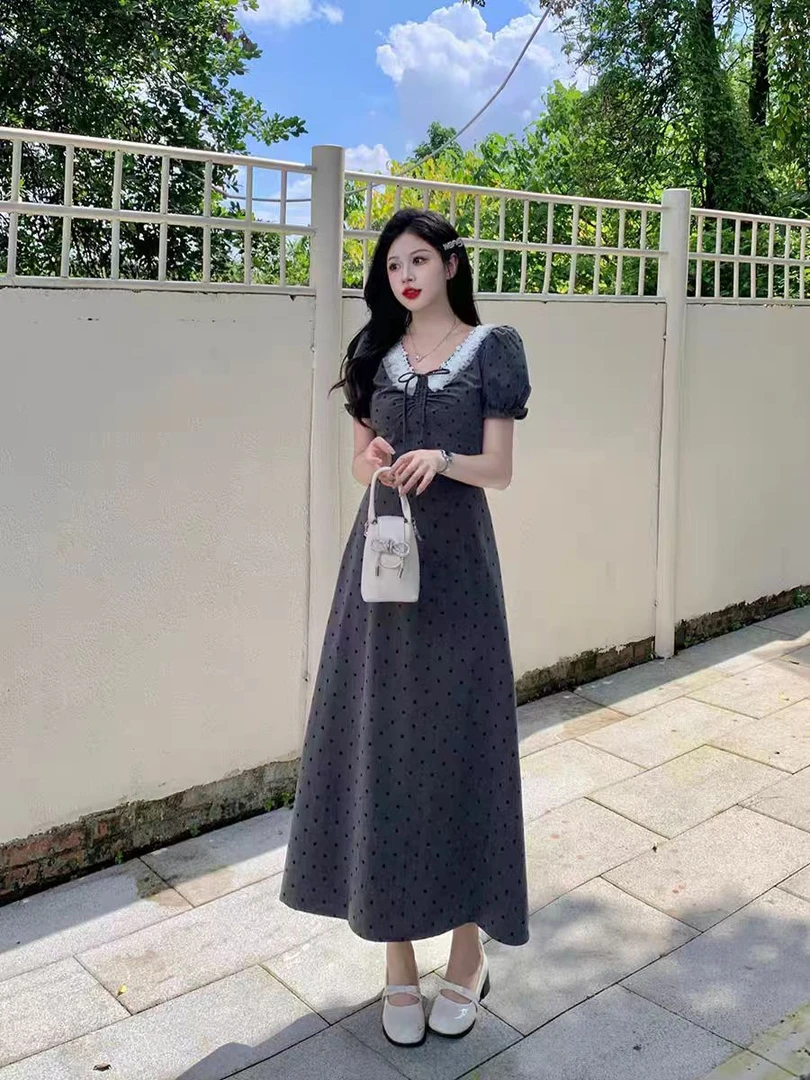 （80-200斤）灰色短袖长短款连衣裙女夏季梨形收腰设计感波点裙1750