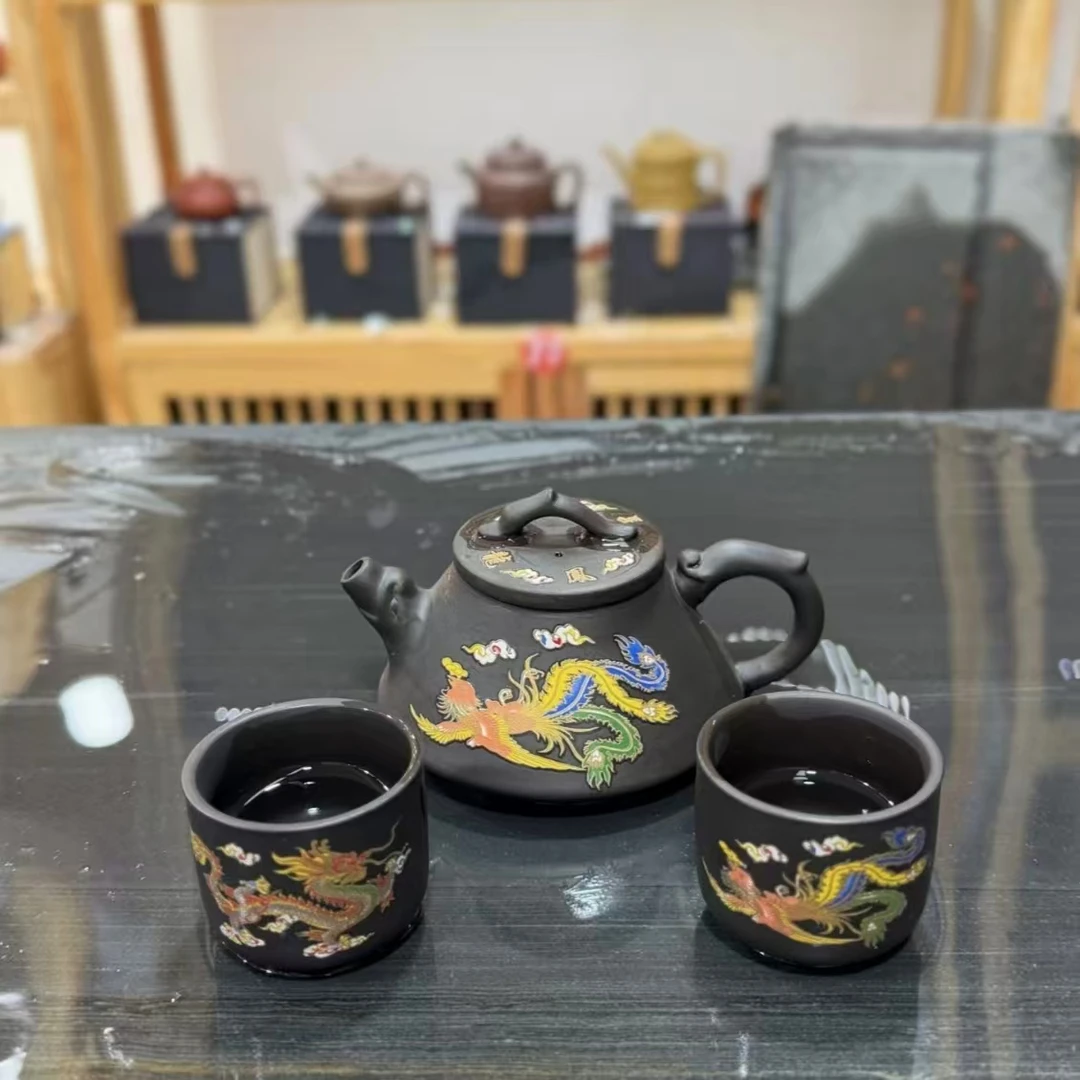 紫砂龙凤呈祥变色石瓢壶一壶两杯（西）