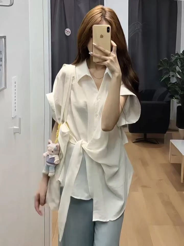 大码胖mm韩系穿搭慵懒风白色衬衫女夏季设计感遮肚子绑带短袖衬衣