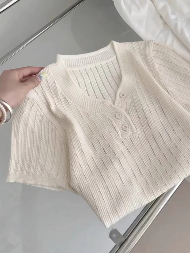 米杏色温柔气质针织短袖t恤女夏季新款设计感圆领正肩显瘦上衣