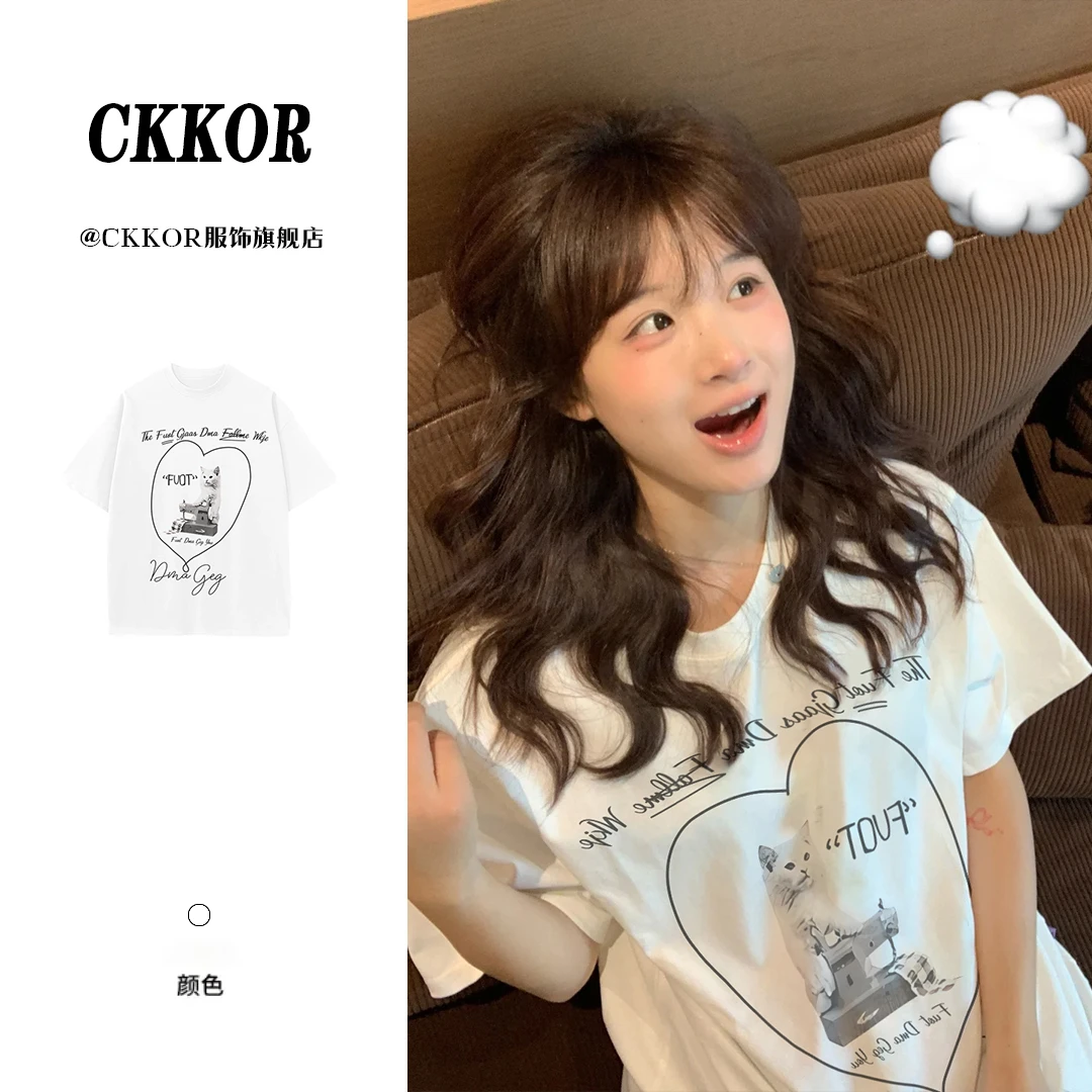 CKKOR夏季穿搭休闲纯棉短袖t恤女学生新款韩版字母印花设计感上衣