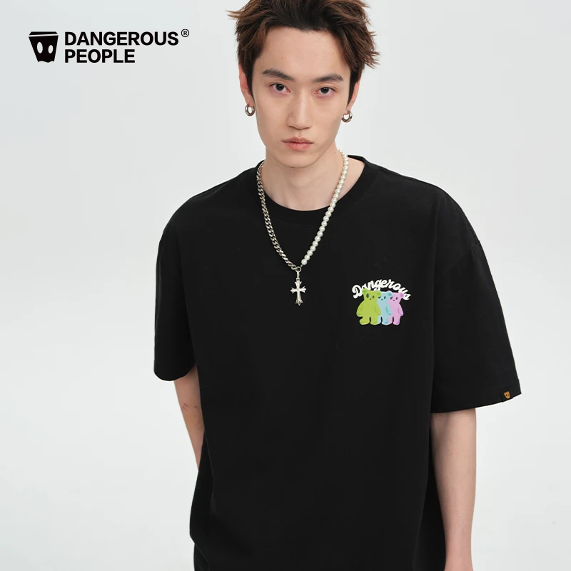 Dangerouspeople薛之谦dsp趣味三色小熊LOGO宽松百搭圆领短袖T恤