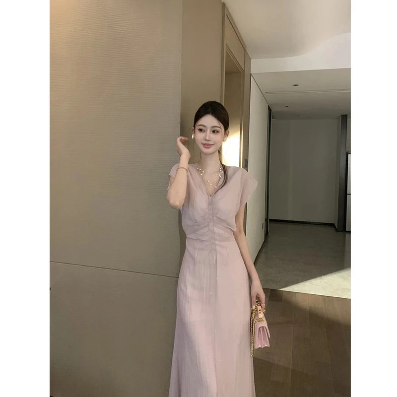 【现货】【小婉】夏季法式浪漫温柔扎染V领度假风褶皱收腰短袖连衣裙