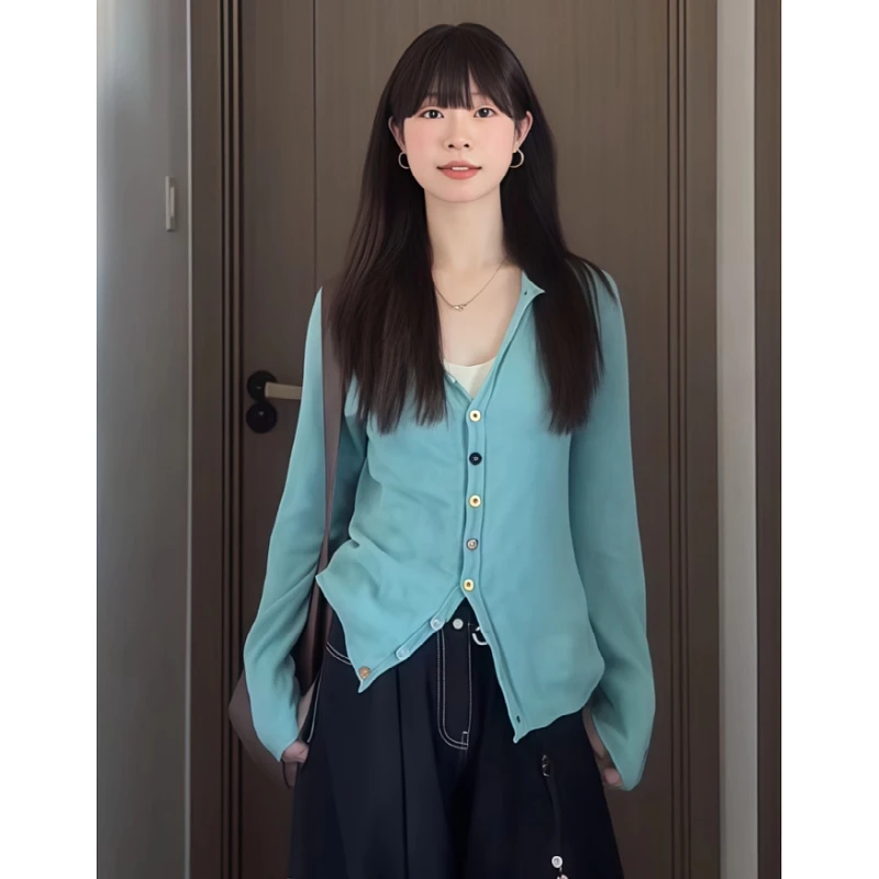 早秋韩系穿搭蓝色长袖针织开衫女大码新款巨好看上衣独特漂亮外套