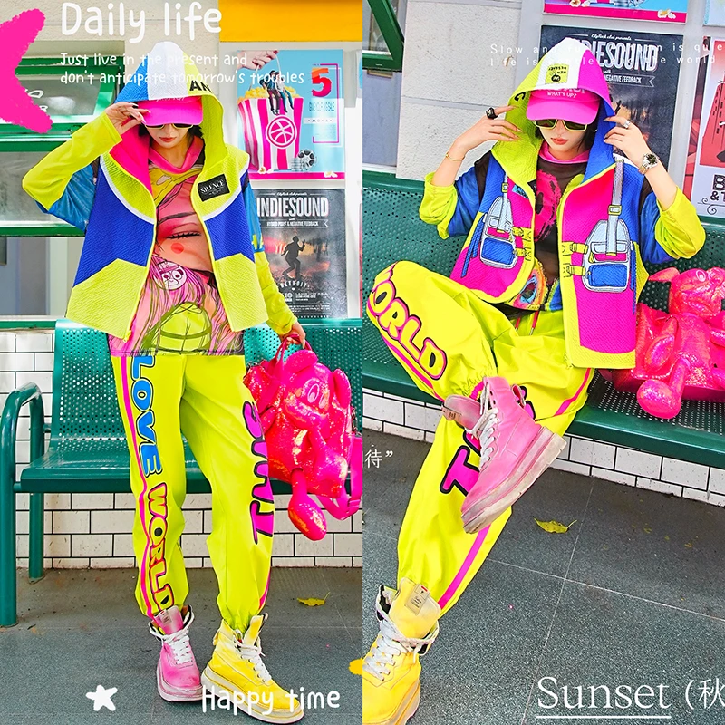 玫红荧光绿休闲马夹春夏款撞色图案潮牌宽松连帽休闲背心女HYC300