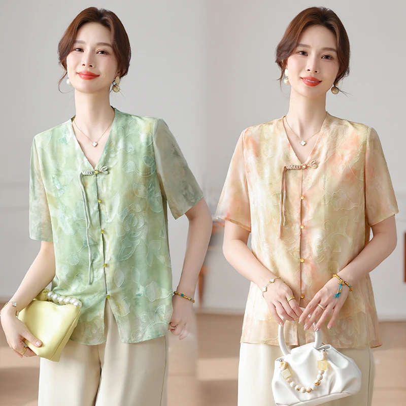 妈妈春夏洋气新中式小衫2025新款中老年女装夏装短袖T恤上衣套装