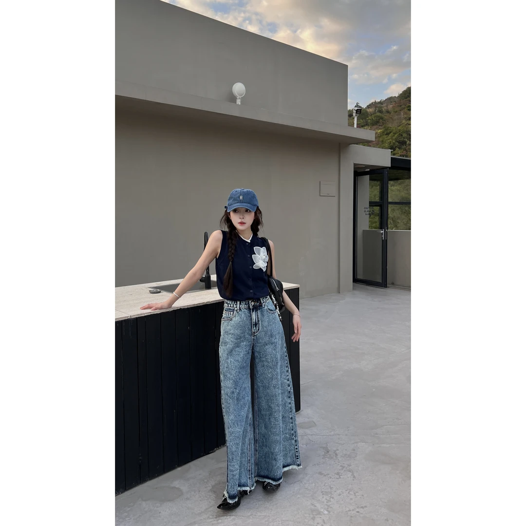 雨哥小众新款雪花色直筒牛仔裤