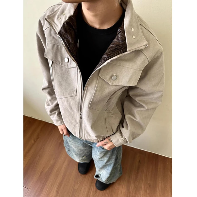 卡其色蛇纹拼接座山蟒夹克男款春秋美式高街潮牌痞帅立领工装外套