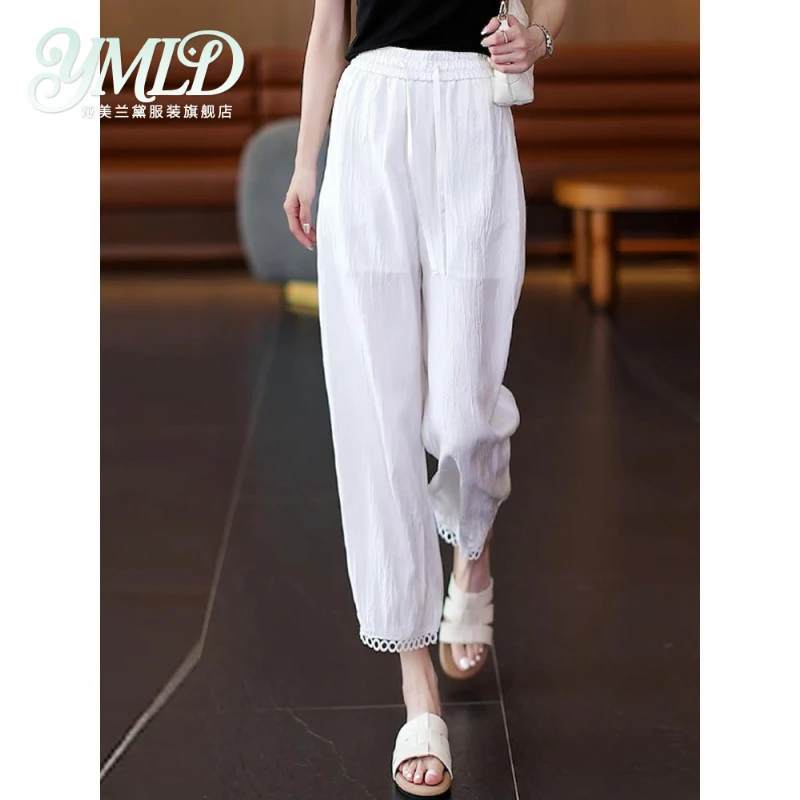 白色冰丝醋酸缎面气球裤女夏季轻薄款高腰宽松垂感小个子九分裤子