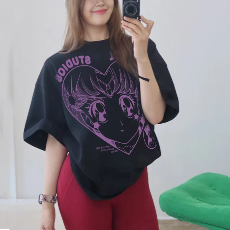 数码直喷美少女重磅纯棉宽松撸铁健身女运动上衣T恤休闲运动短袖