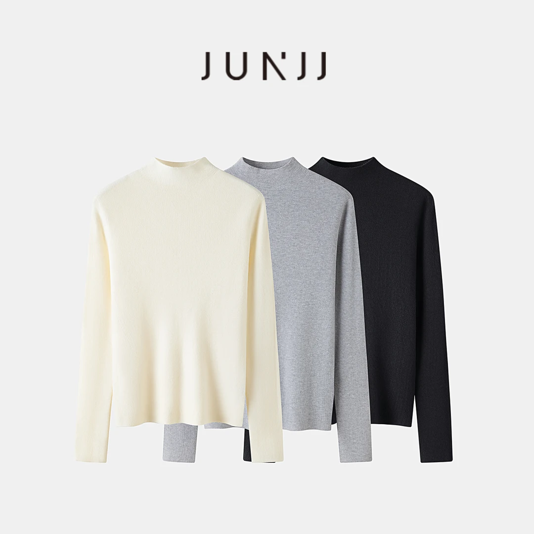 杰瑞【尽显精致】半高领高领坑条针织衫修身显瘦内搭毛衣百搭打底衫