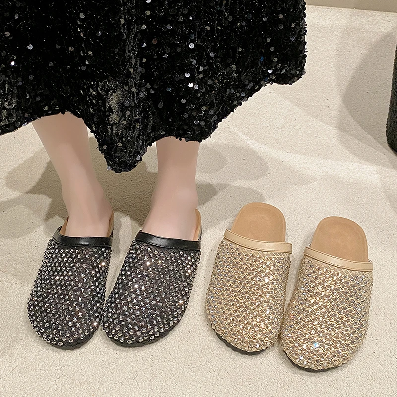 【三哥】夏季小香法式满天星设计感百搭水钻外穿包头半拖鞋女半拖