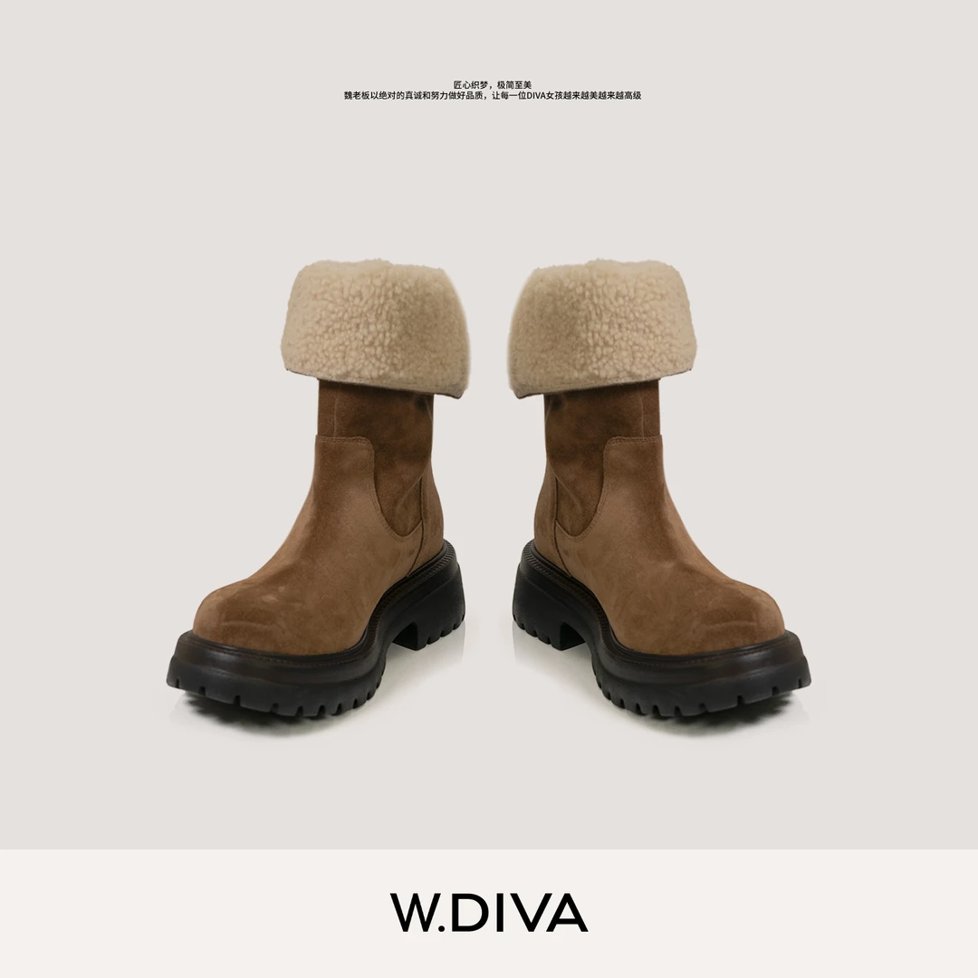 W.Diva【踏雪】冬季复古后拉链加绒厚底保暖牛反绒雪地靴54X303267