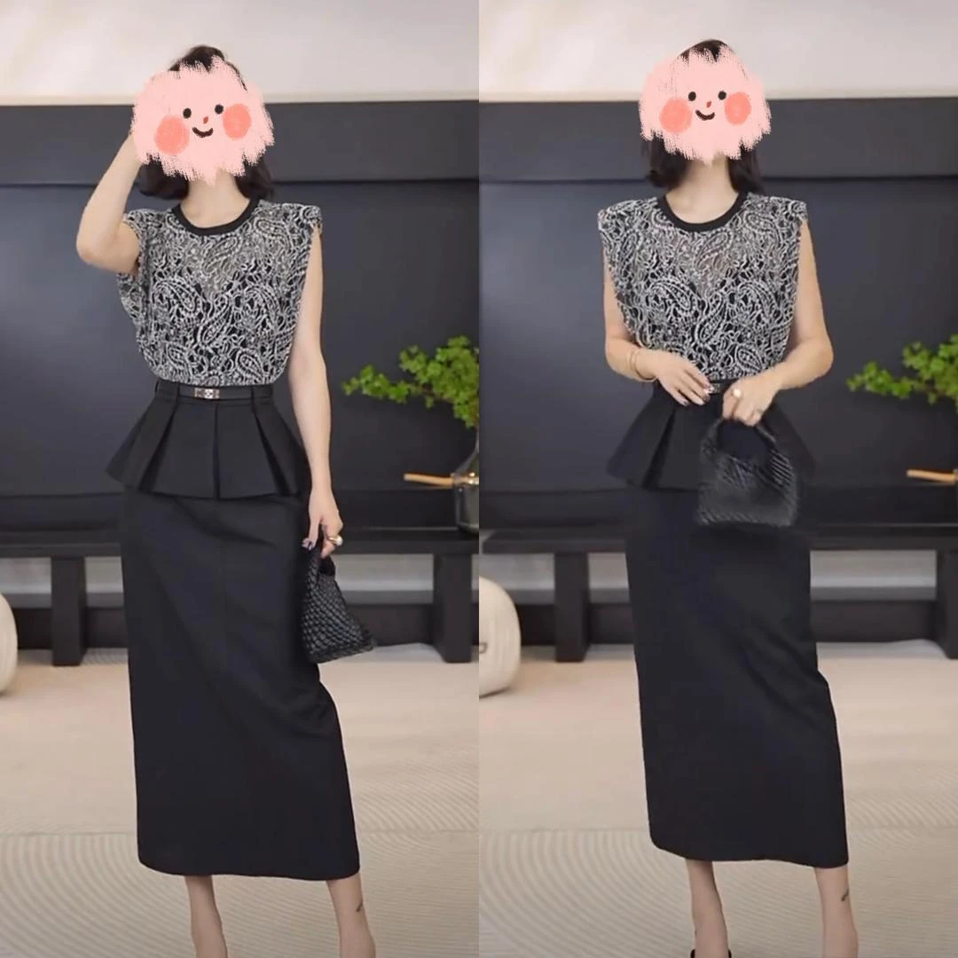 无袖千金风T 恤圆领修身型拼接背心印花气质上衣半身裙两件套