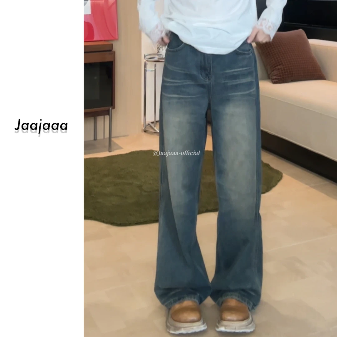 Jaajaaa星野诗稿 美式复古做旧水洗阔腿直筒显瘦百搭牛仔裤/AECE