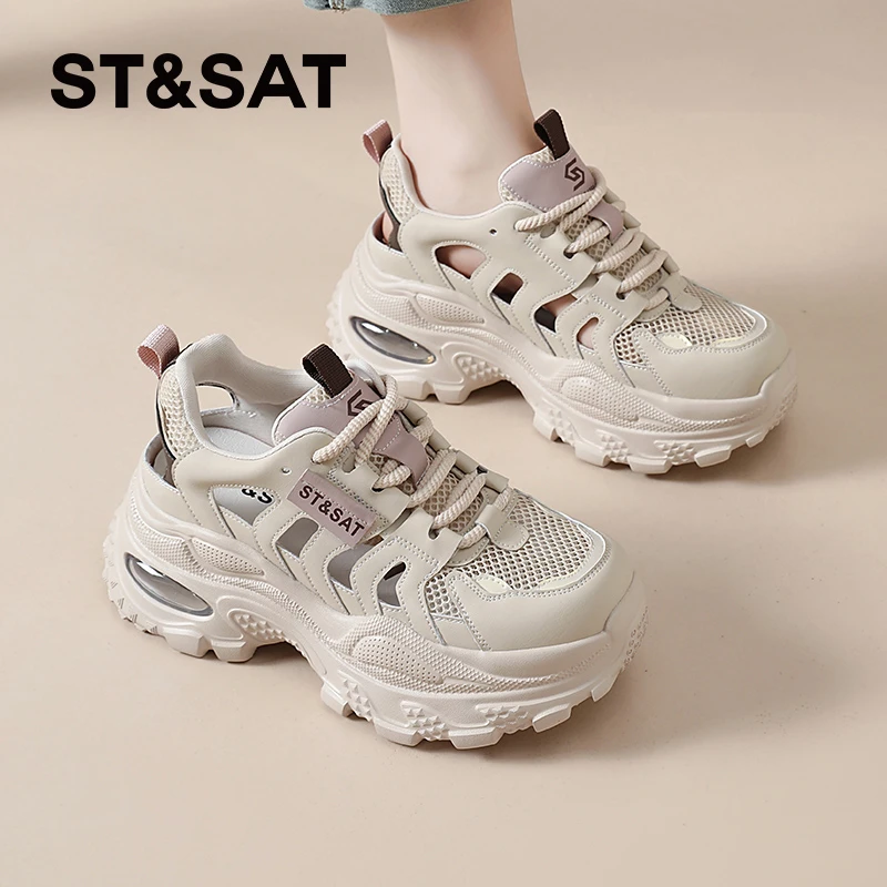 星期六镂空运动凉鞋女款2025夏季厚底老爹鞋透气休闲显脚小洞洞鞋