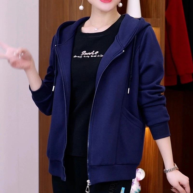 2025春夏秋冬装韩版新款纯色连帽开衫长袖妈妈宽松休闲卫衣外套女