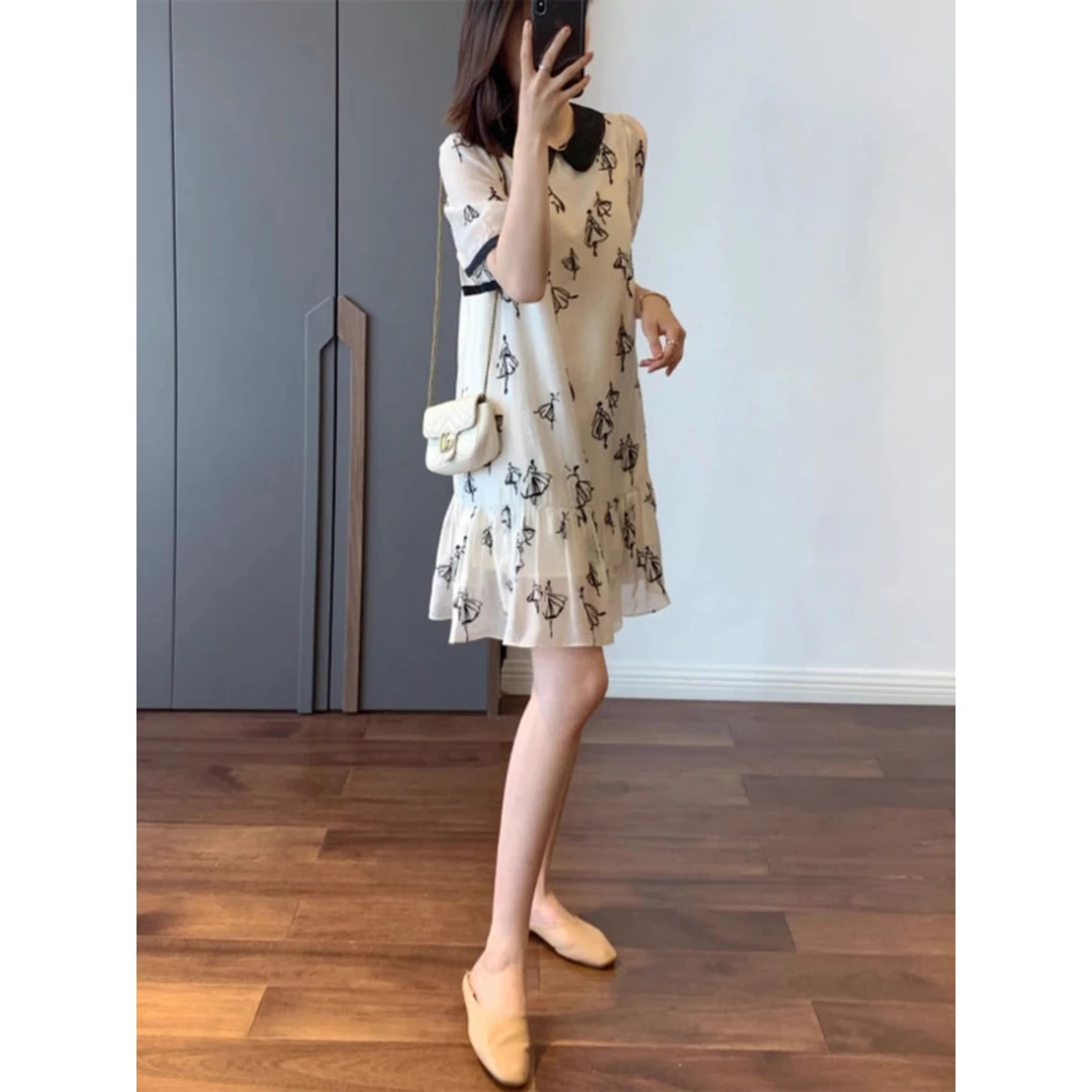 2025年夏季新款小个子温柔风连衣裙女气质印花娃娃领裙子减龄显瘦