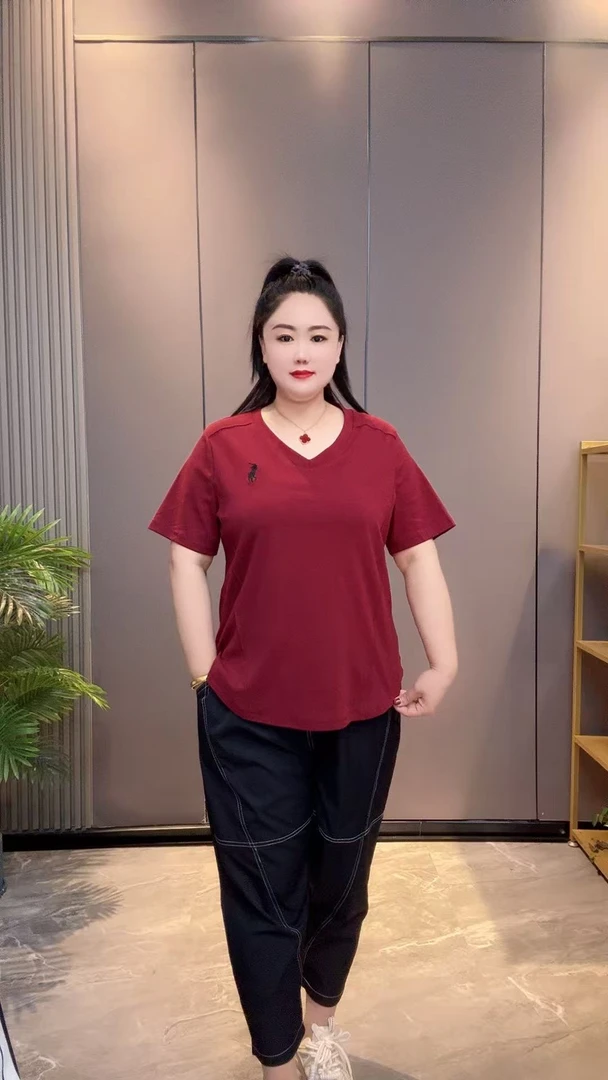 夏季新款时尚气质圆领短袖常规款少女风V领刺绣T恤