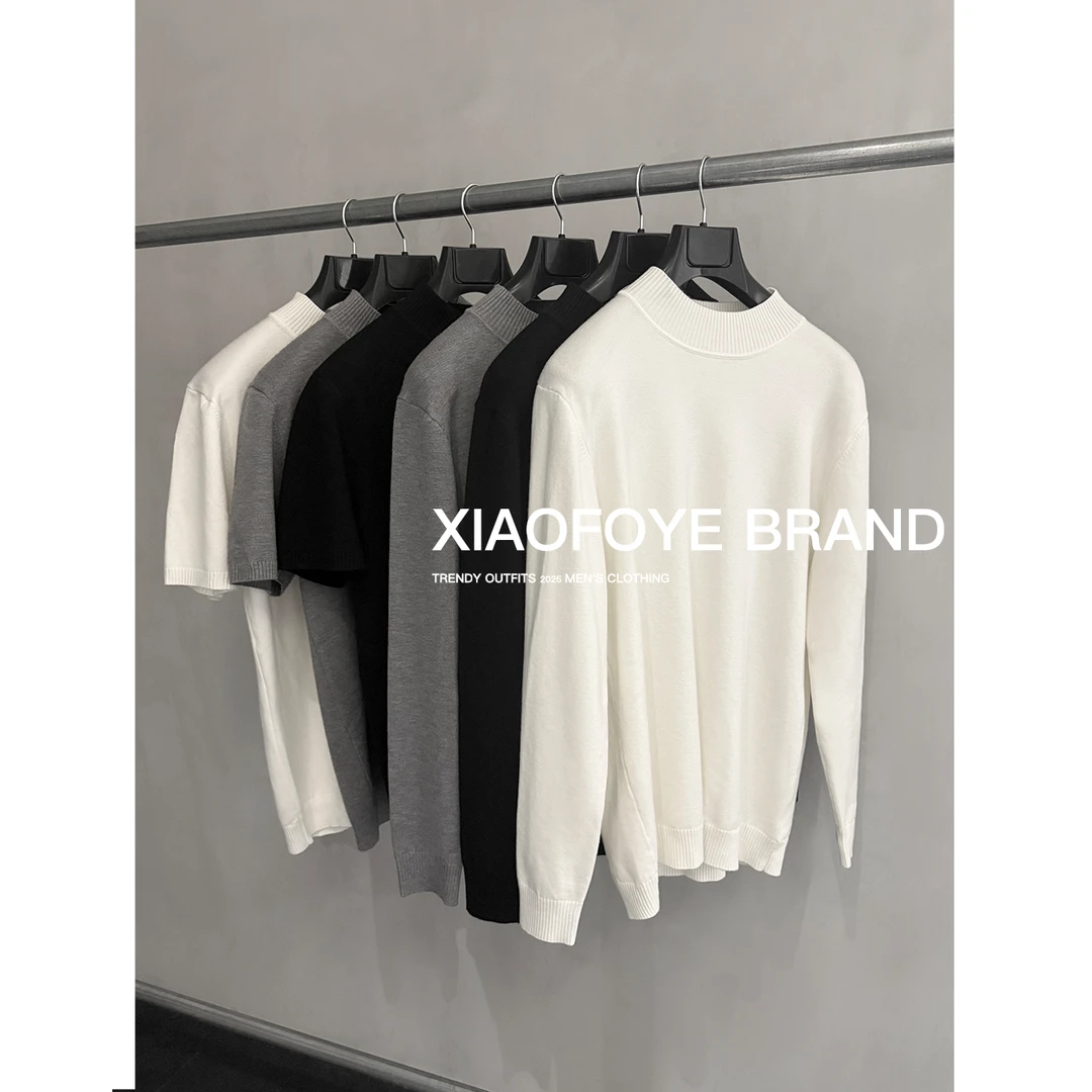 小佛爷新款简约高级感半高领圆领针织衫短袖长袖高端男士纯色打底