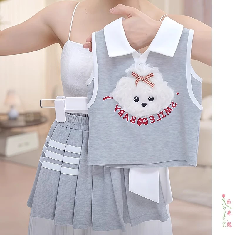 女童无袖百褶裙套装2025新款夏季儿童卡通polo领学院风半身裙洋气