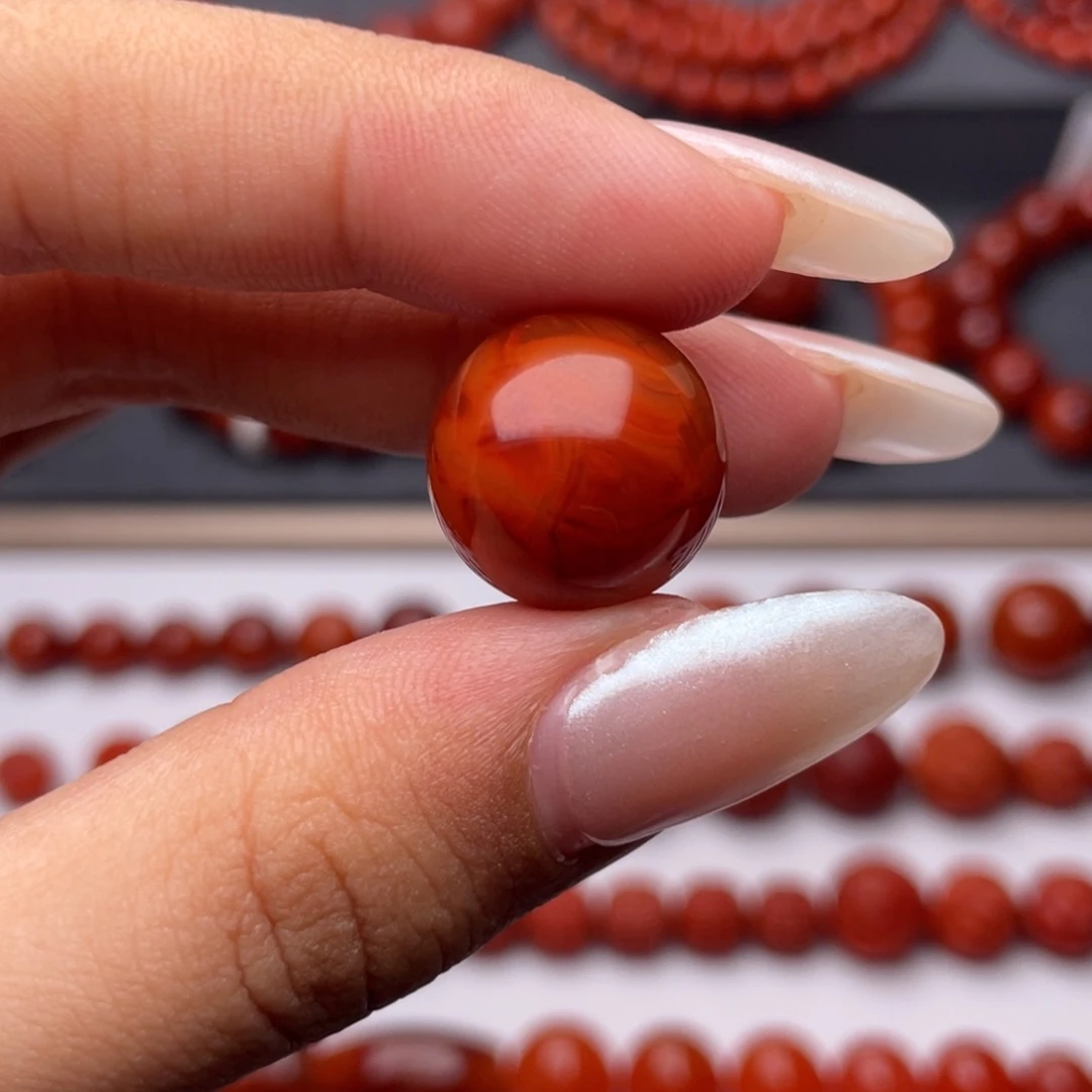 南红玛瑙未镶嵌手串Y16mm妖孽牛血火焰单珠