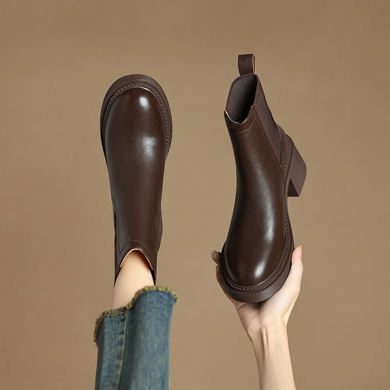 【NICESEE】6cm,秋冬新款百搭厚底粗高跟真皮短靴女马丁靴