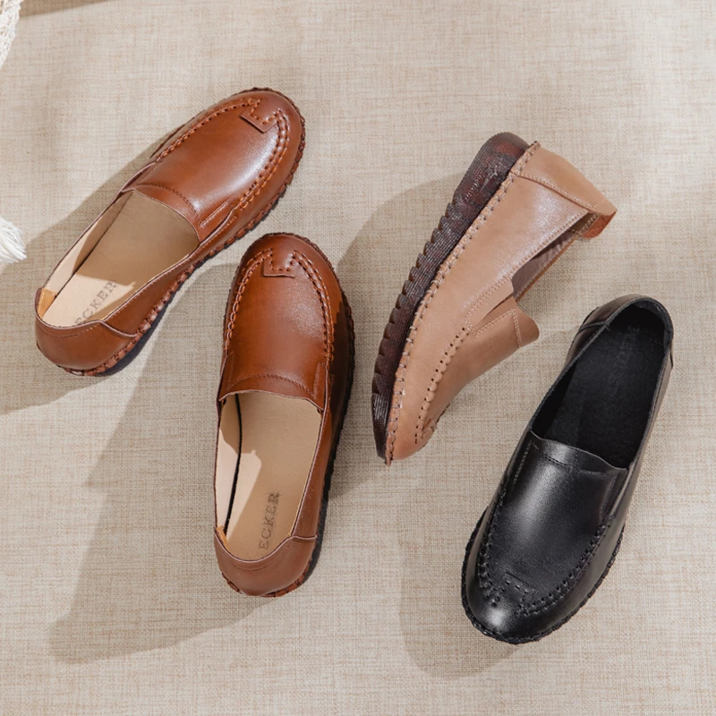 0029春秋复古手工单鞋百搭软底软面女鞋舒适百搭轻便防滑妈妈鞋