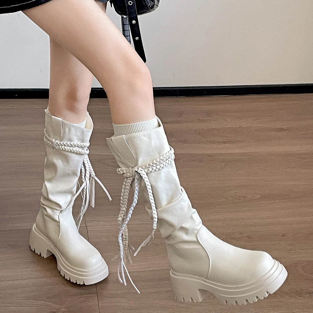白色复古厚底粗跟靴子女长筒靴2025新款秋季配裙子增高堆堆骑士靴