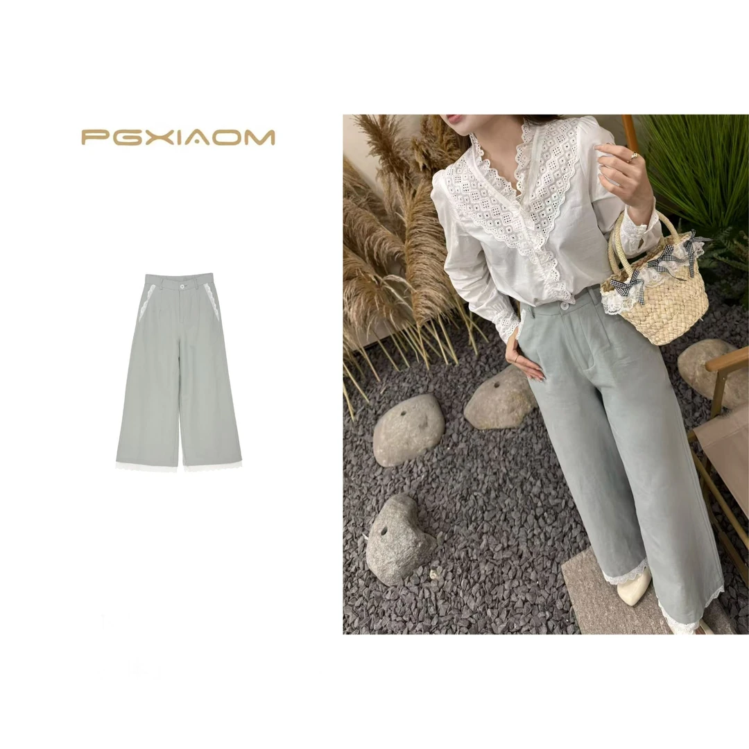 【PGXIAOM】润秀定制简约蕾丝花边拼接阔腿裤KZ5855