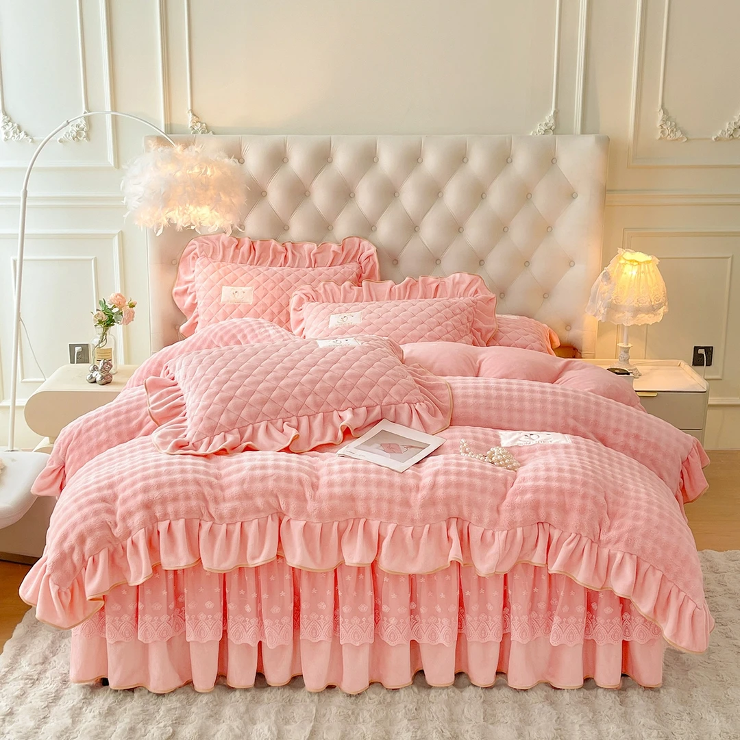 2025新款立体加厚加棉泡泡牛奶绒夹棉床裙四件套