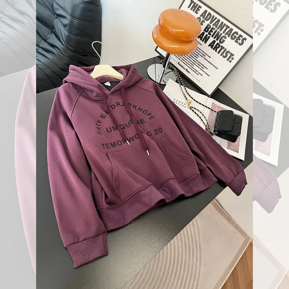 欧货加绒连帽长袖卫衣女秋季新款胖MM大码女装套头宽松慵懒风上衣