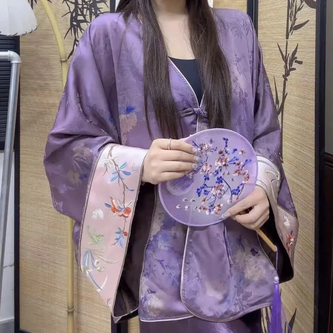 白玉牡丹新中式宽松禅意桑蚕丝香云纱复古提花V领上衣