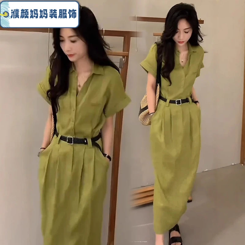 时尚连衣裙女2025夏季新款洋气质中长款收腰显瘦休闲外贸过膝长裙