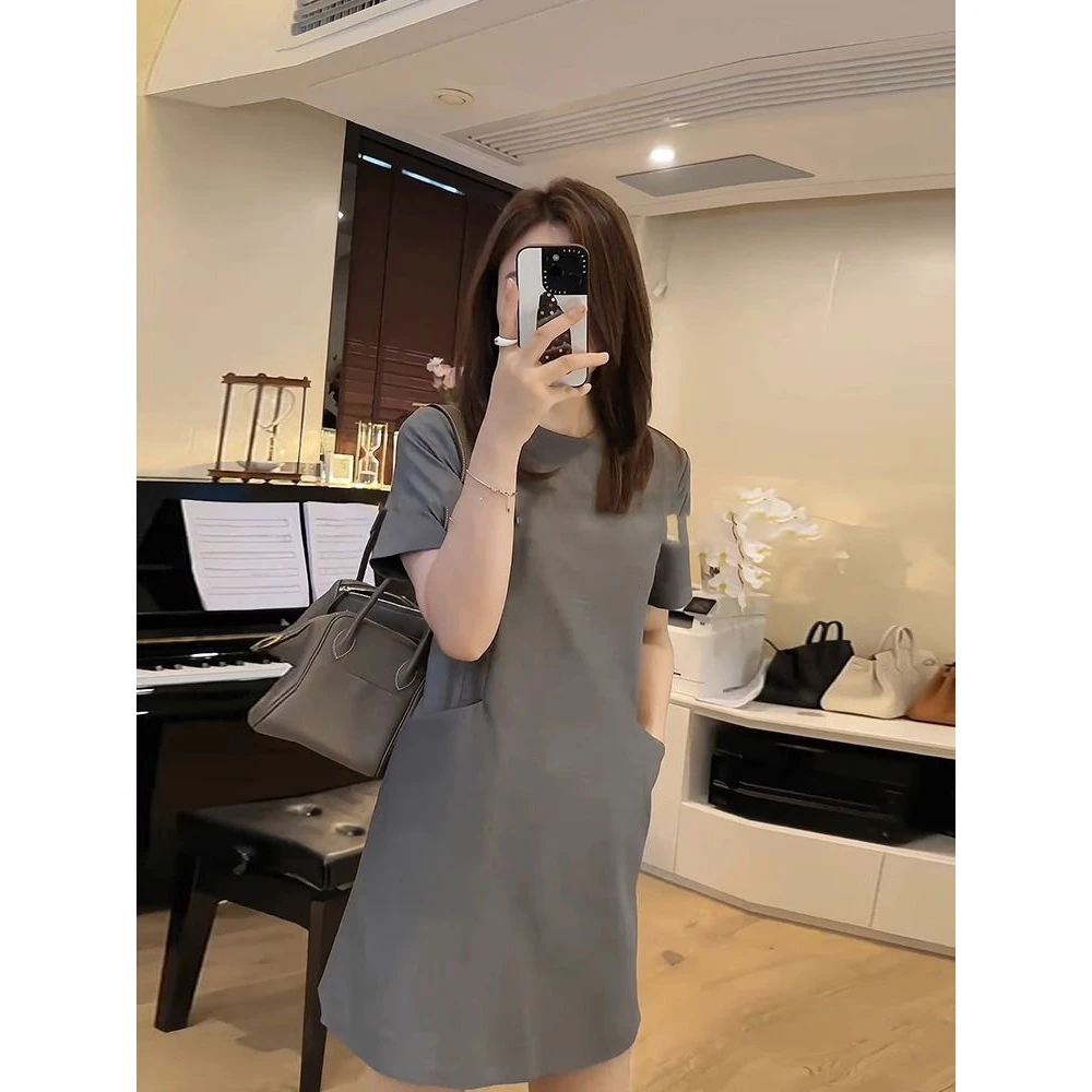 哥弟阿玛施正品正品品韩系通勤气质简约大气高级感宽松圆领短袖连