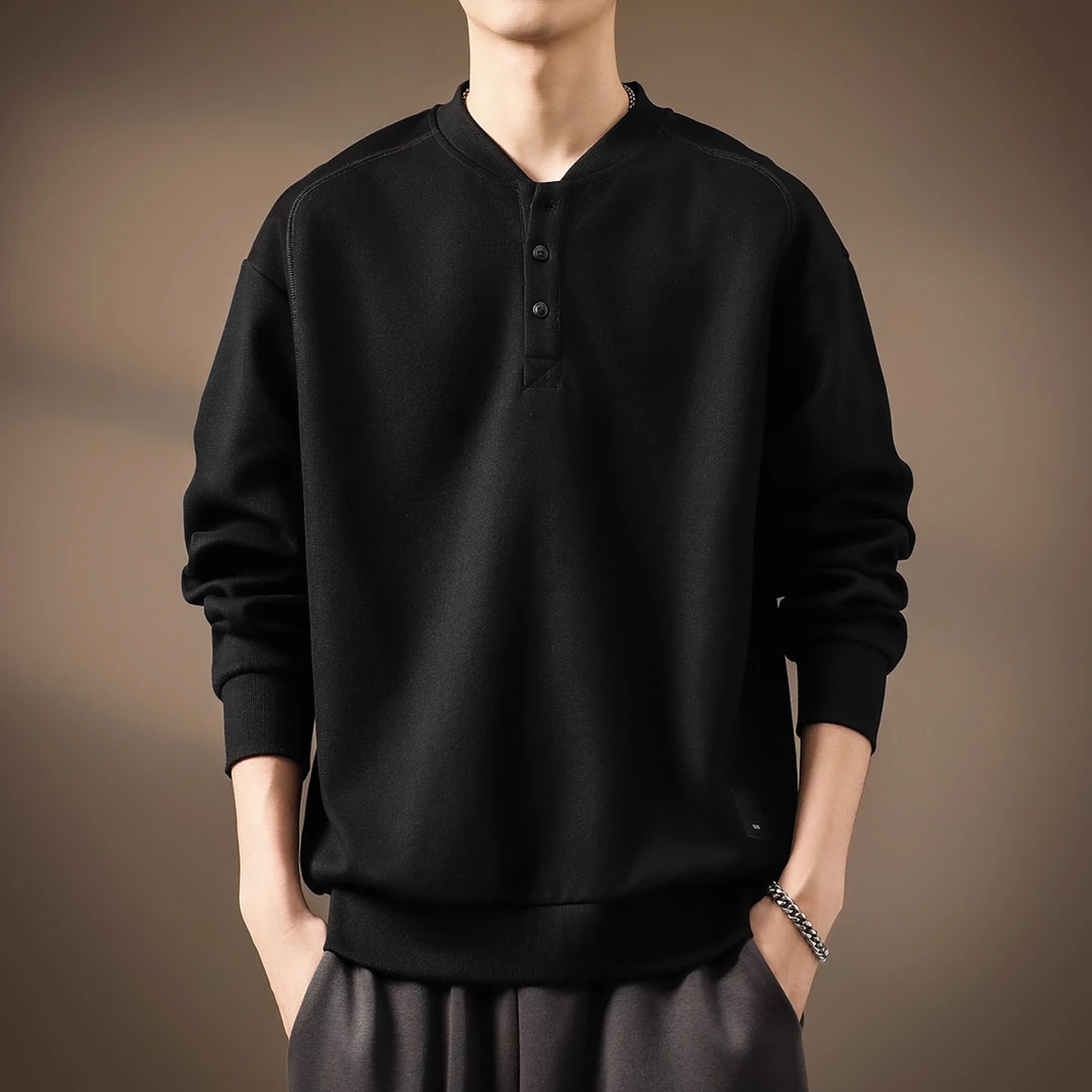 350g重磅亨利领卫衣男秋冬新款宽松内搭加绒上衣美式复古男士外套