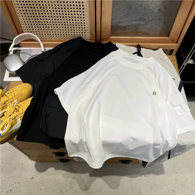 吴小越w1317男童夏款韩版宽松贴布拼接棉t恤短袖中大童打底衫