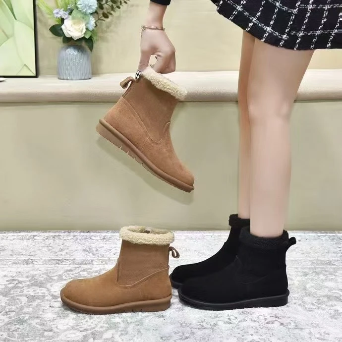菲秒羊羔毛雪地靴女新款软底防滑磨砂皮短靴加绒加厚保暖棉鞋