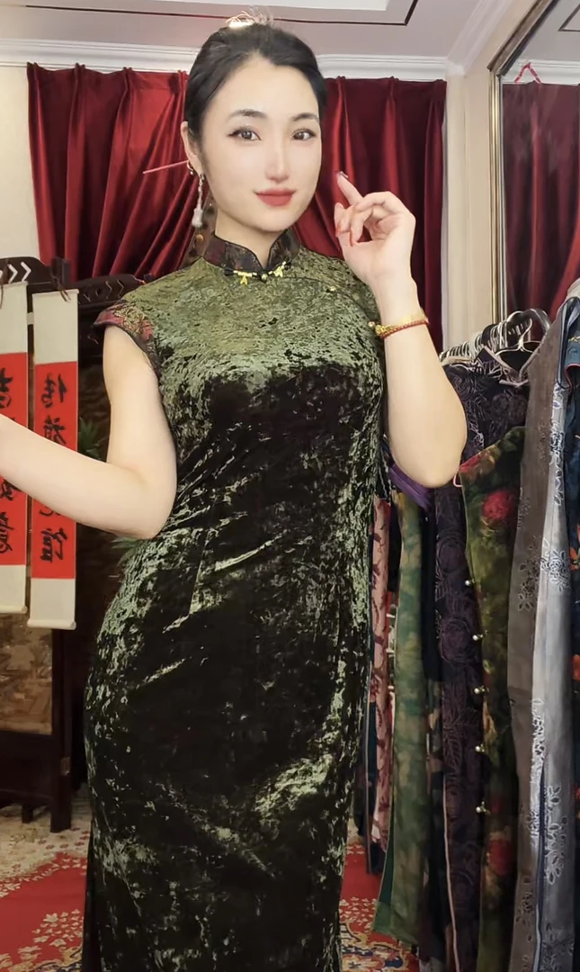 8908【四色弹力】单层长款日常时尚复古旗袍