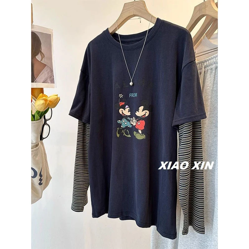 纯棉假两件长袖T恤女秋冬季新款韩版卡通米奇印花宽松显瘦上衣潮