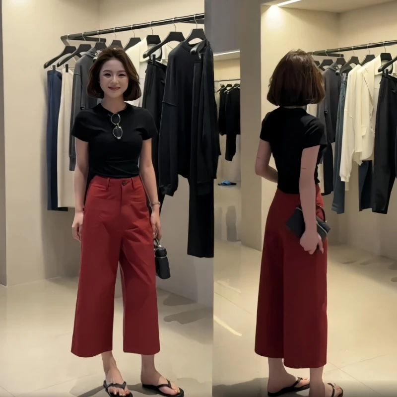设计感时尚百搭休闲九分阔腿裤夏季圆领T恤小个子显高显瘦套装女