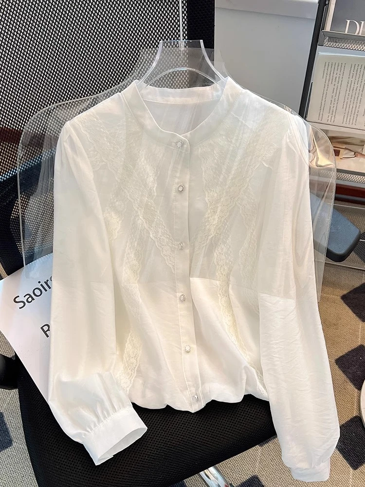 0392法式白衬衫女高级感春季2025新款超好看蕾丝花边长袖小衫上衣