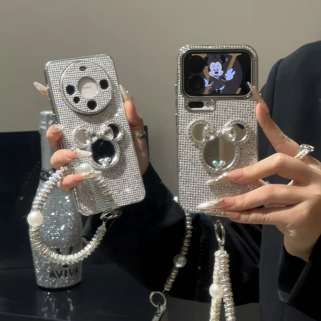 GGBond闪钻米奇镜子挂链适用苹果16细闪手机壳小米17vivo华为oppo